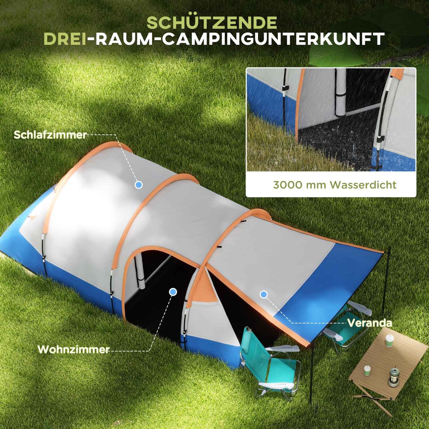 Camping tent for 3, 2 rooms, windproof, 2000 mm water repellent
