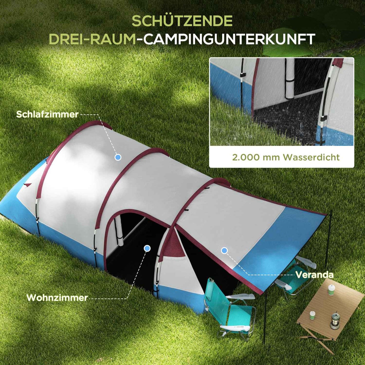 Camping tunnel tent for 3 people - windproof, 2 rooms
