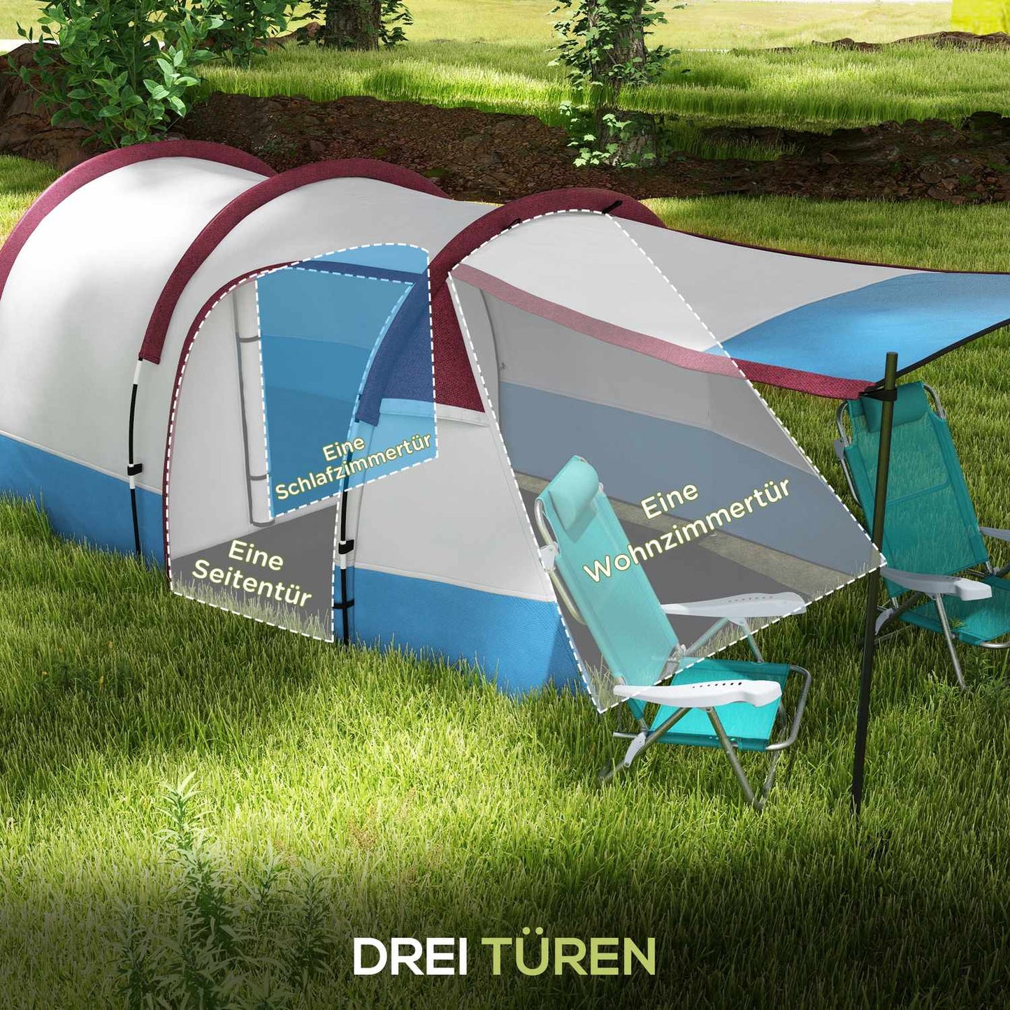 Camping tunnel tent for 3 people - windproof, 2 rooms