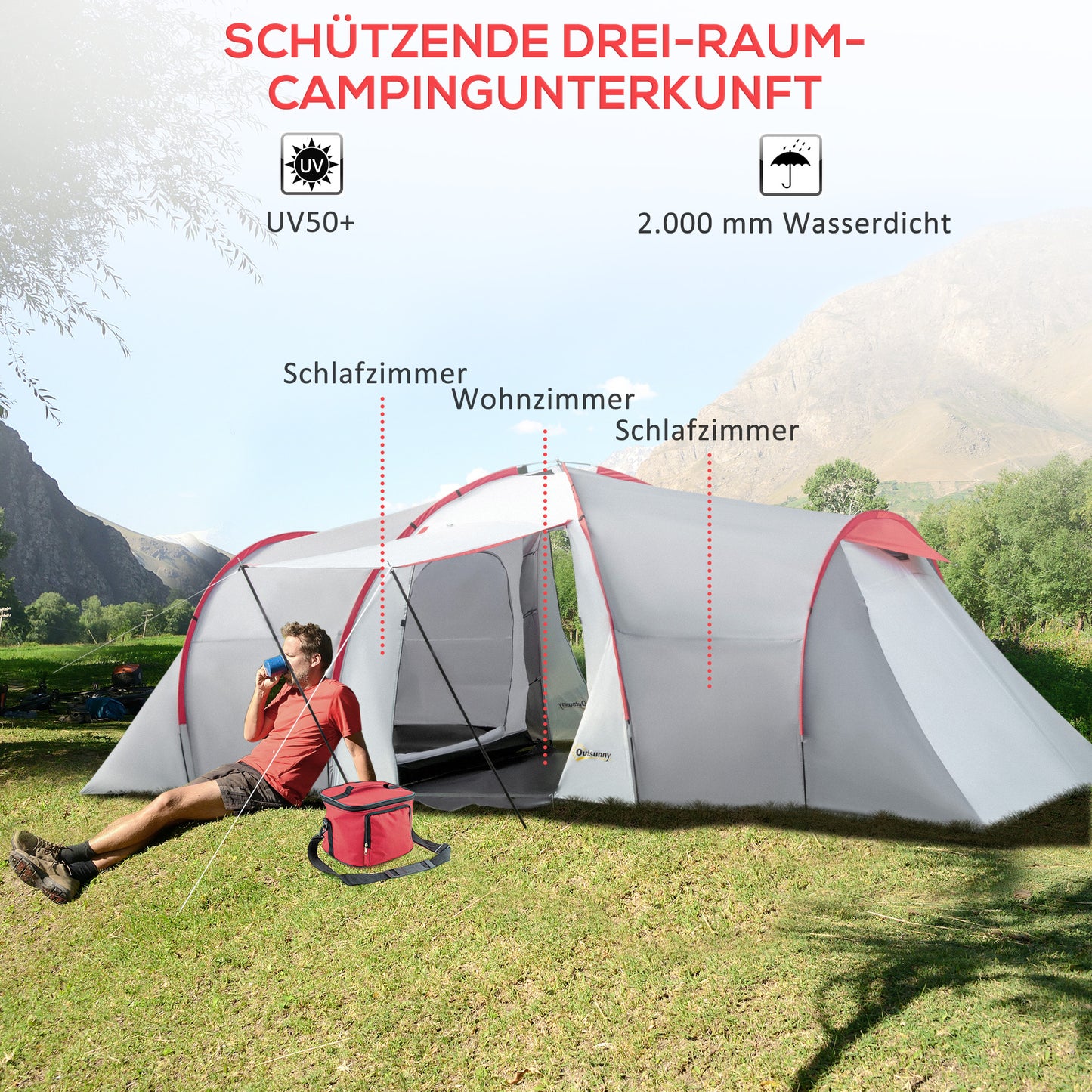 6-person tunnel camping tent, windproof UV50+, 2 bedrooms