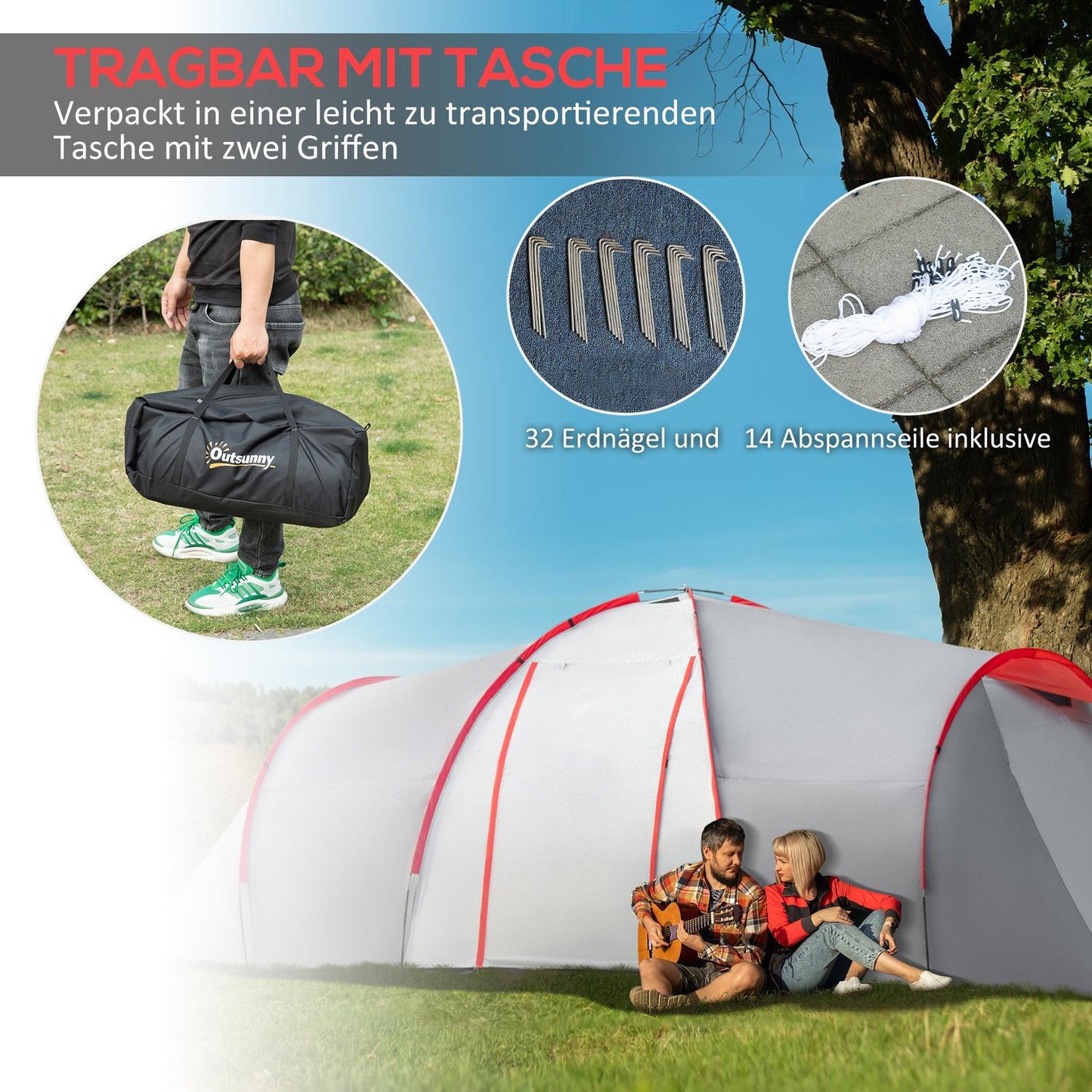 6-person tunnel camping tent, windproof UV50+, 2 bedrooms