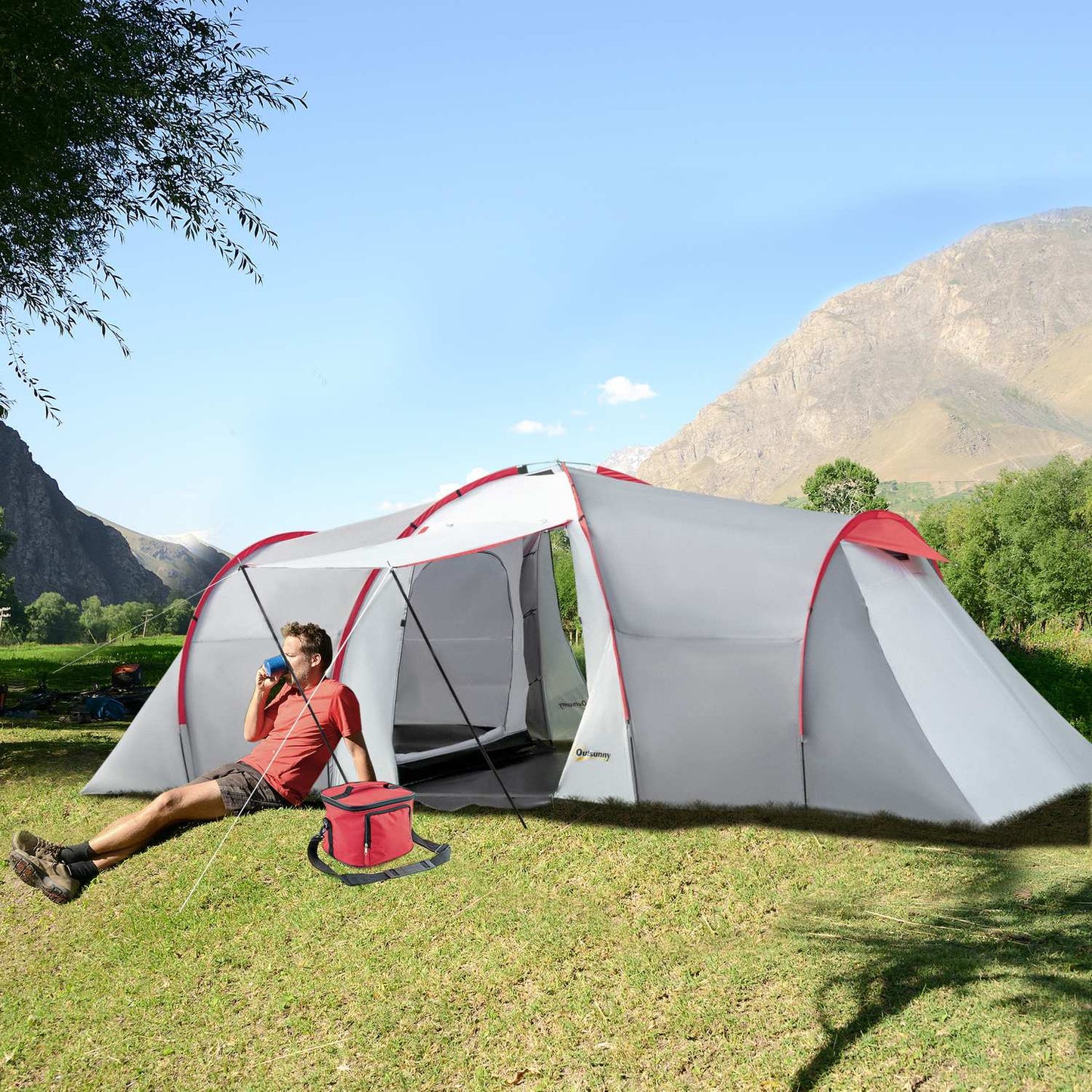 6-person tunnel camping tent, windproof UV50+, 2 bedrooms