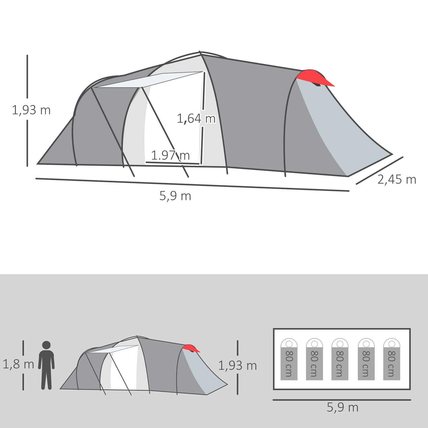 6-person tunnel camping tent, windproof UV50+, 2 bedrooms