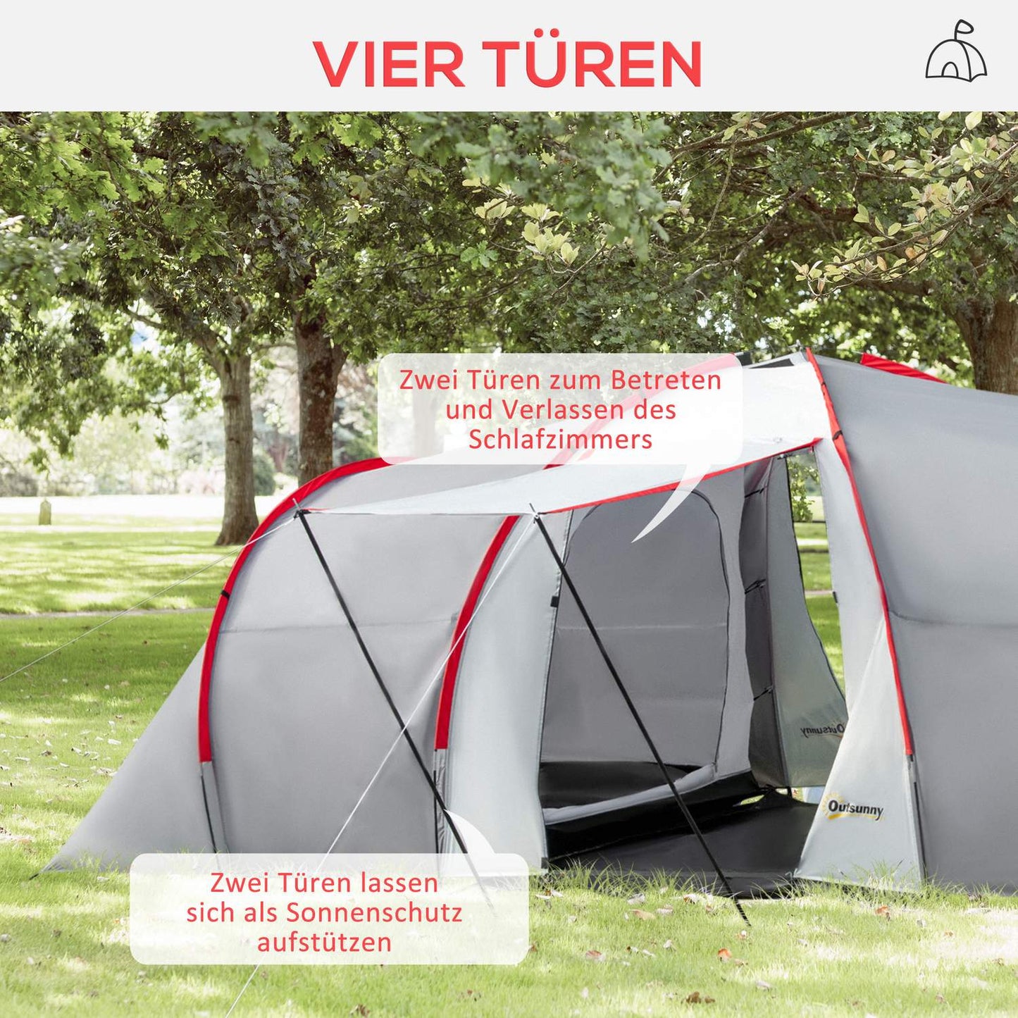 6-person tunnel camping tent, windproof UV50+, 2 bedrooms