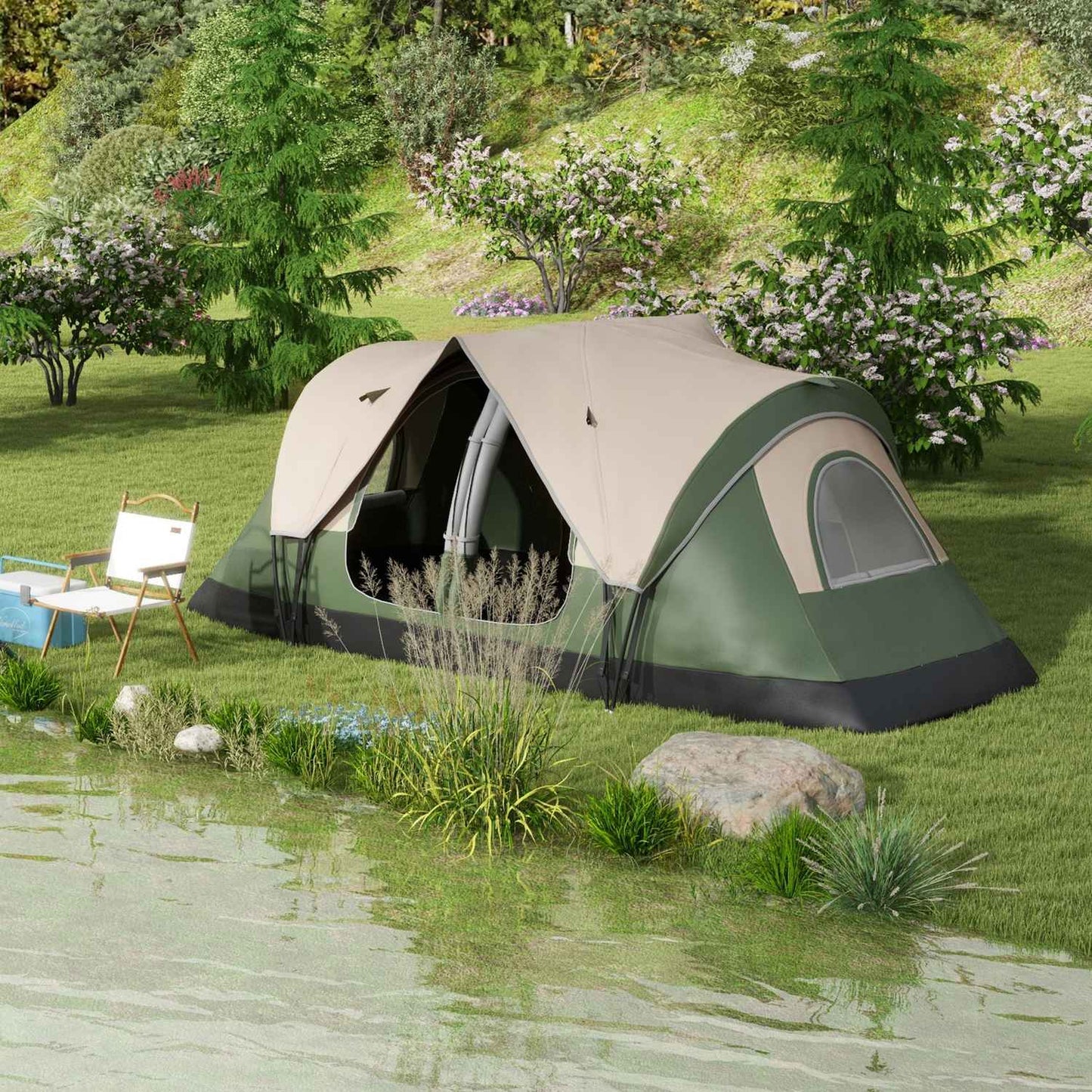8-person tunnel tent, windproof, water-repellent, dark green