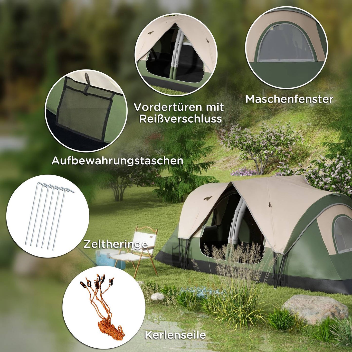 8-person tunnel tent, windproof, water-repellent, dark green