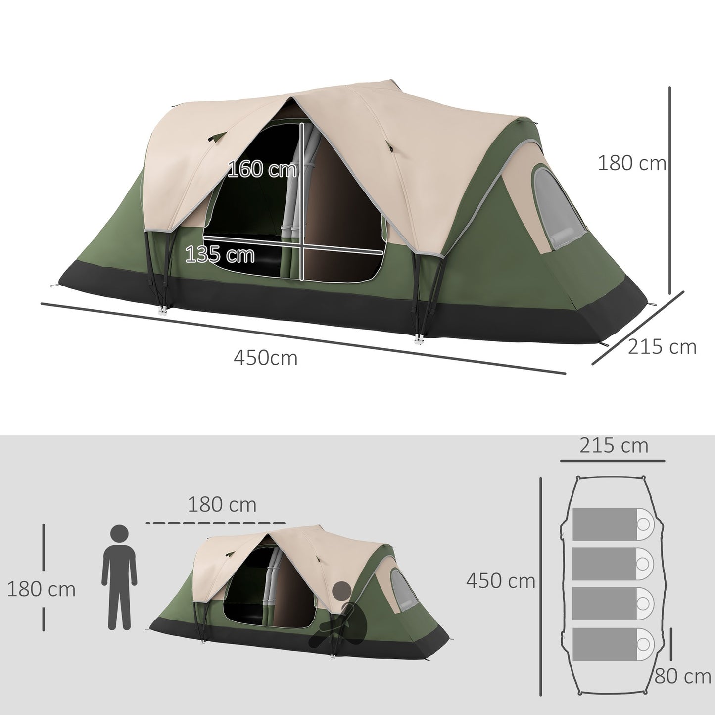 8-person tunnel tent, windproof, water-repellent, dark green