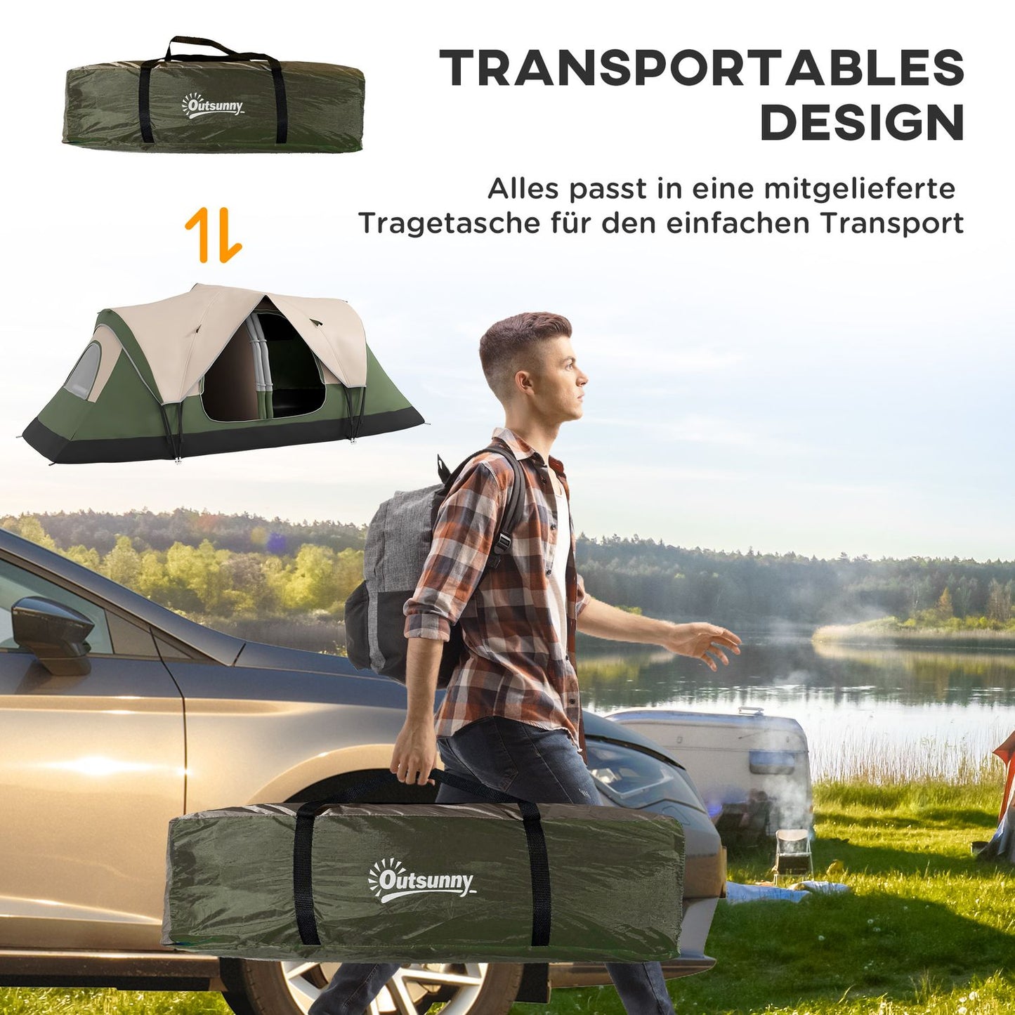8-person tunnel tent, windproof, water-repellent, dark green