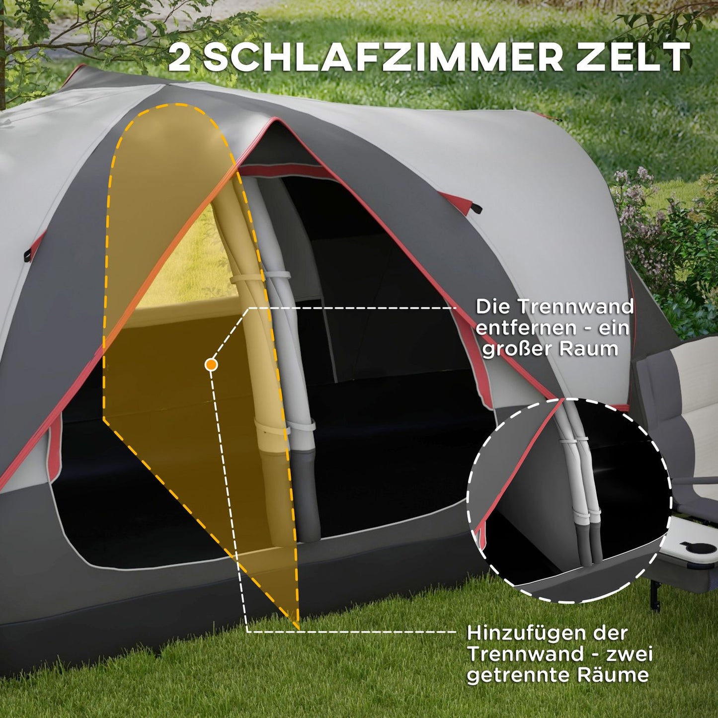 Tunnel camping tent for 8 people - windproof, 2 rooms, gray