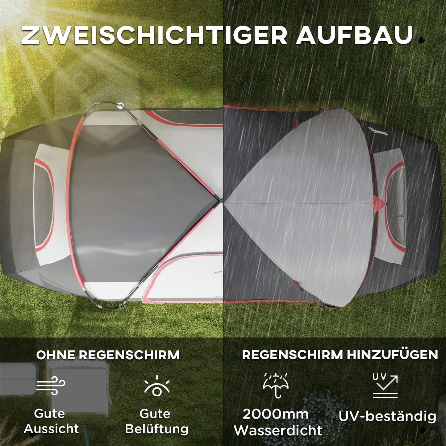 Tunnel camping tent for 8 people - windproof, 2 rooms, gray