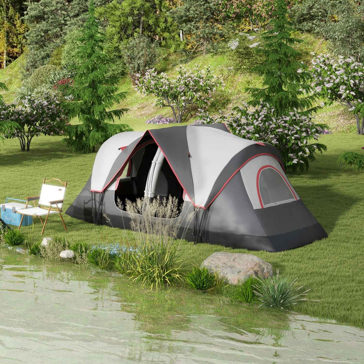 Tunnel camping tent for 8 people - windproof, 2 rooms, gray