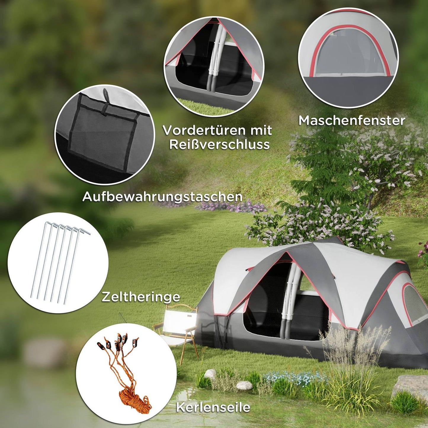 Tunnel camping tent for 8 people - windproof, 2 rooms, gray