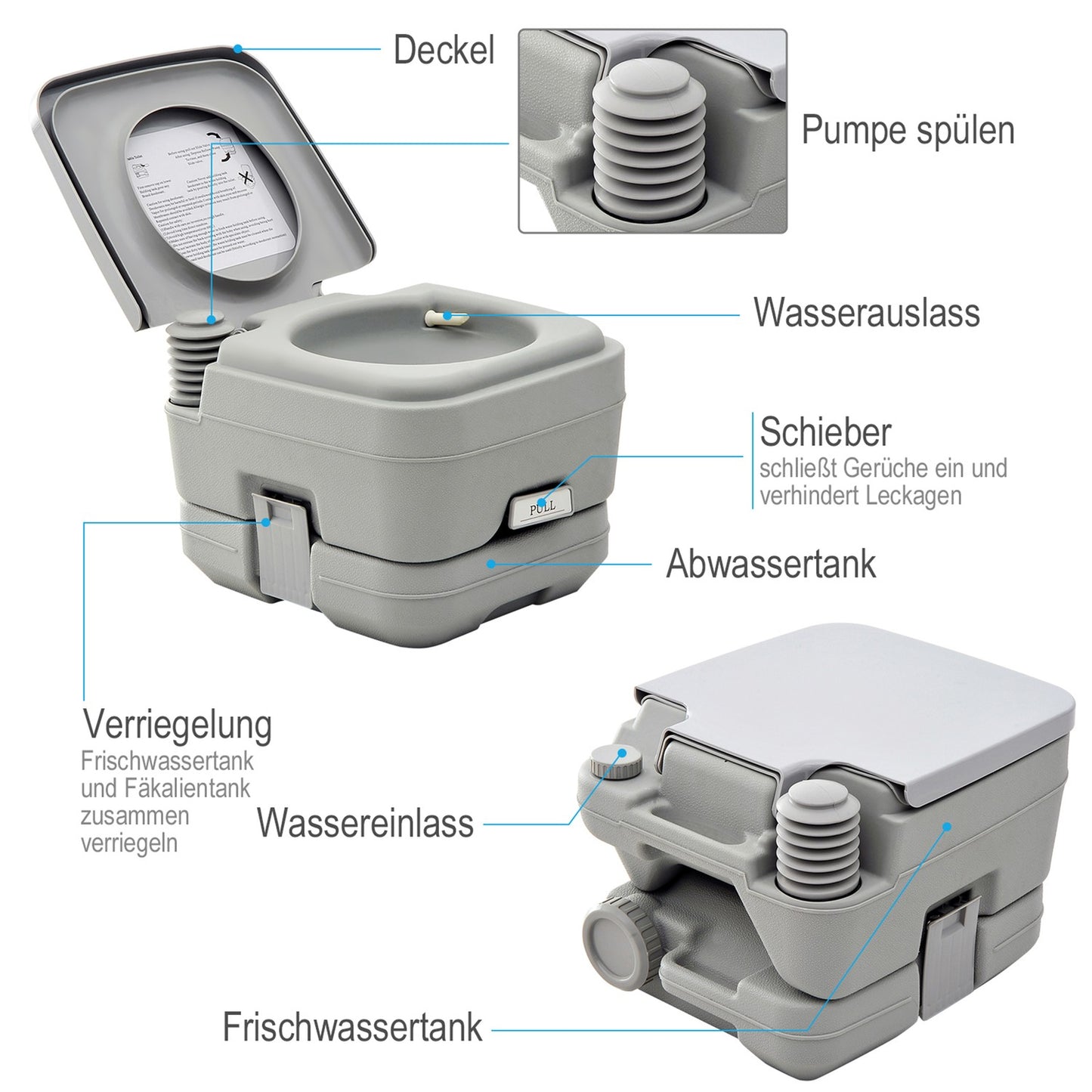 Collapsible camping toilet, 200kg Capacity, 10L, Grey