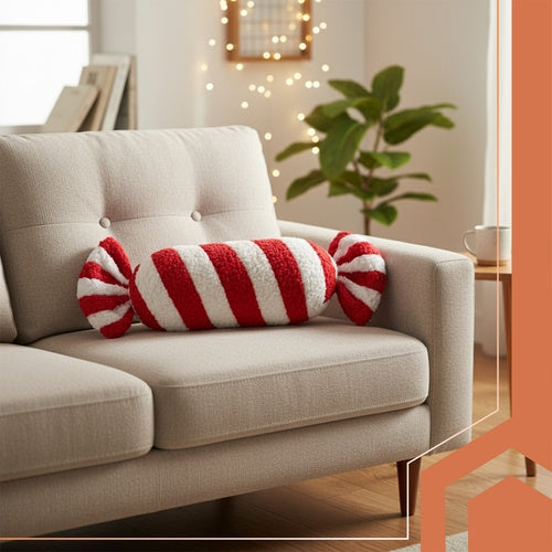 Candy-Shaped Christmas Pillow, Red & White, 30x15 cm