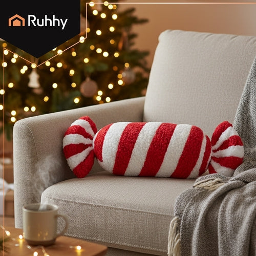 Candy-Shaped Christmas Pillow, Red & White, 30x15 cm