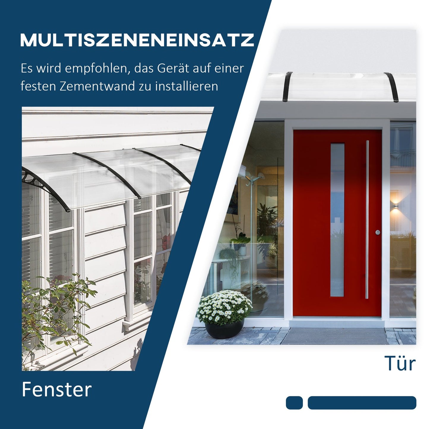Arched front door roof, UV-protected polycarbonate, 90x295 cm