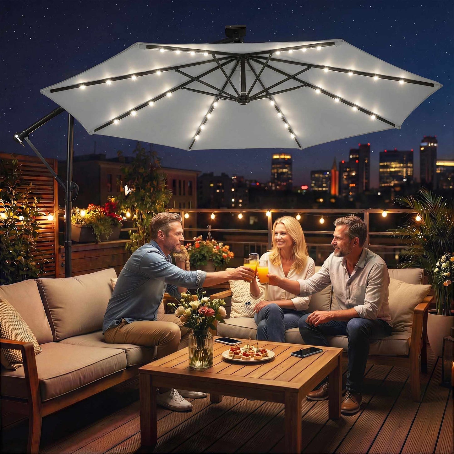 Cantilever Patio Umbrella, 3x3m, Solar LED Lights, UV-Resistant