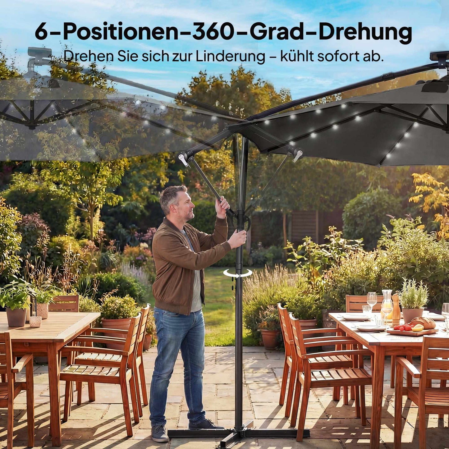 Cantilever Patio Umbrella, 3x3m, Solar LED, UV Resistant