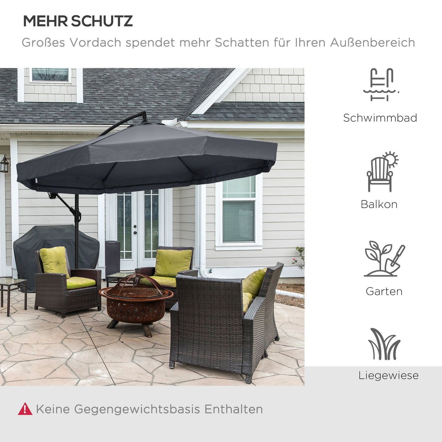 Large cantilever patio umbrella with mosquito net, 360° rotation