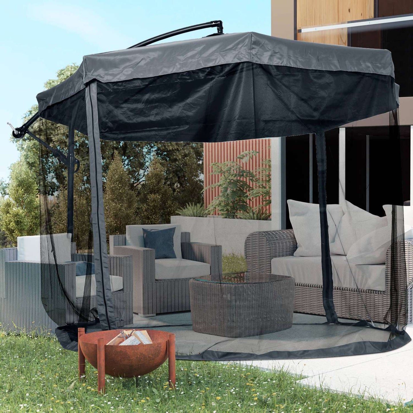 Large cantilever patio umbrella with mosquito net, 360° rotation