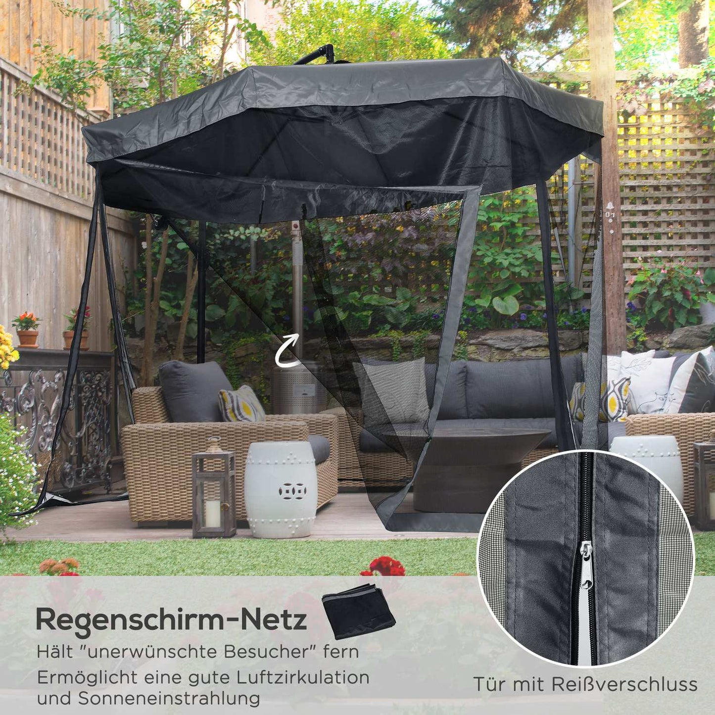 Large cantilever patio umbrella with mosquito net, 360° rotation