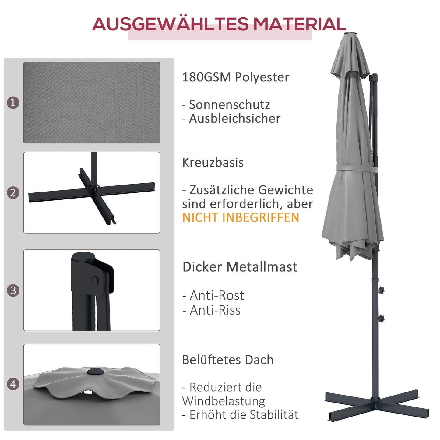 Cantilever 3m tilting parasol, rotating garden umbrella