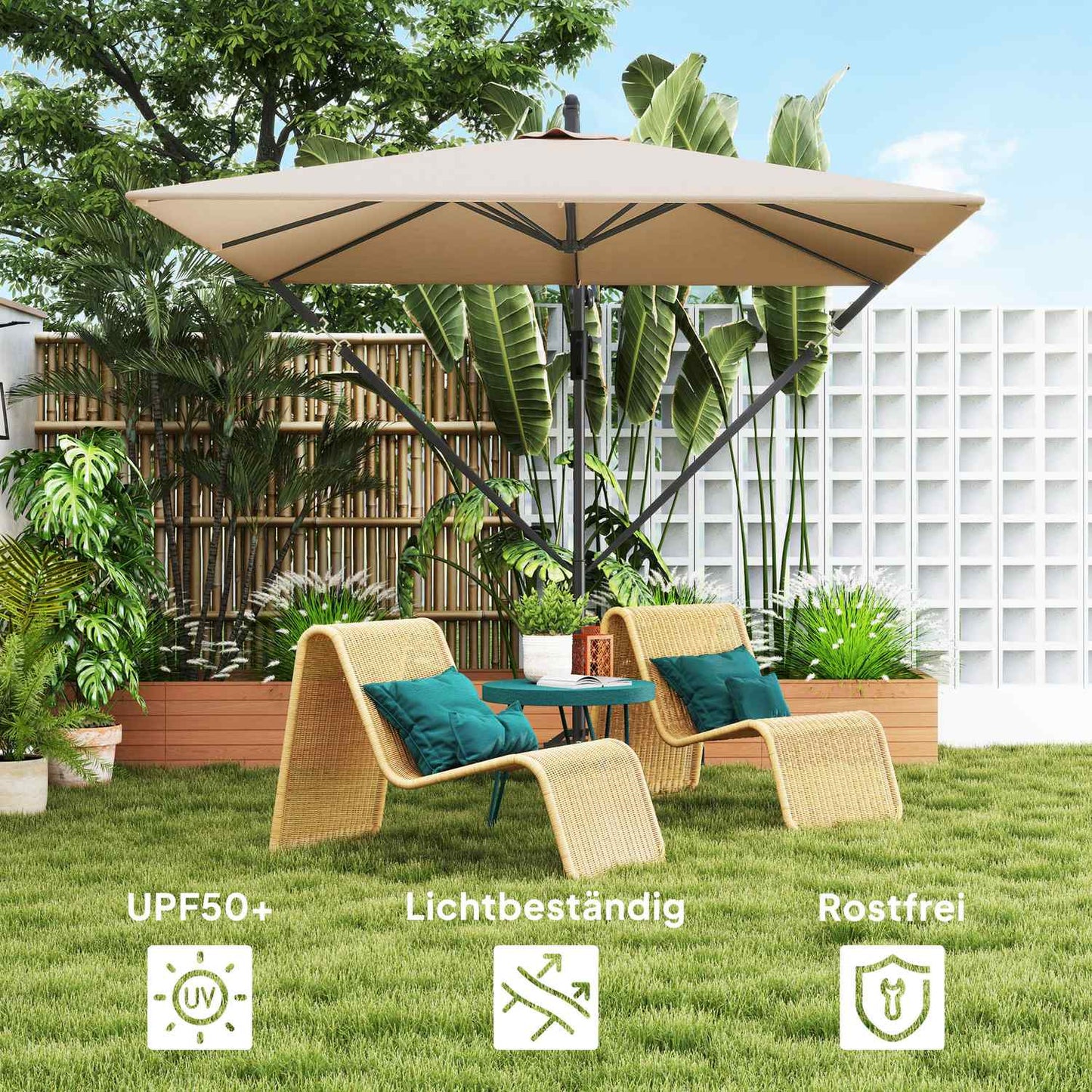 Cantilever Parasol Ø260 cm, UV 50+, Water-repellent, Khaki