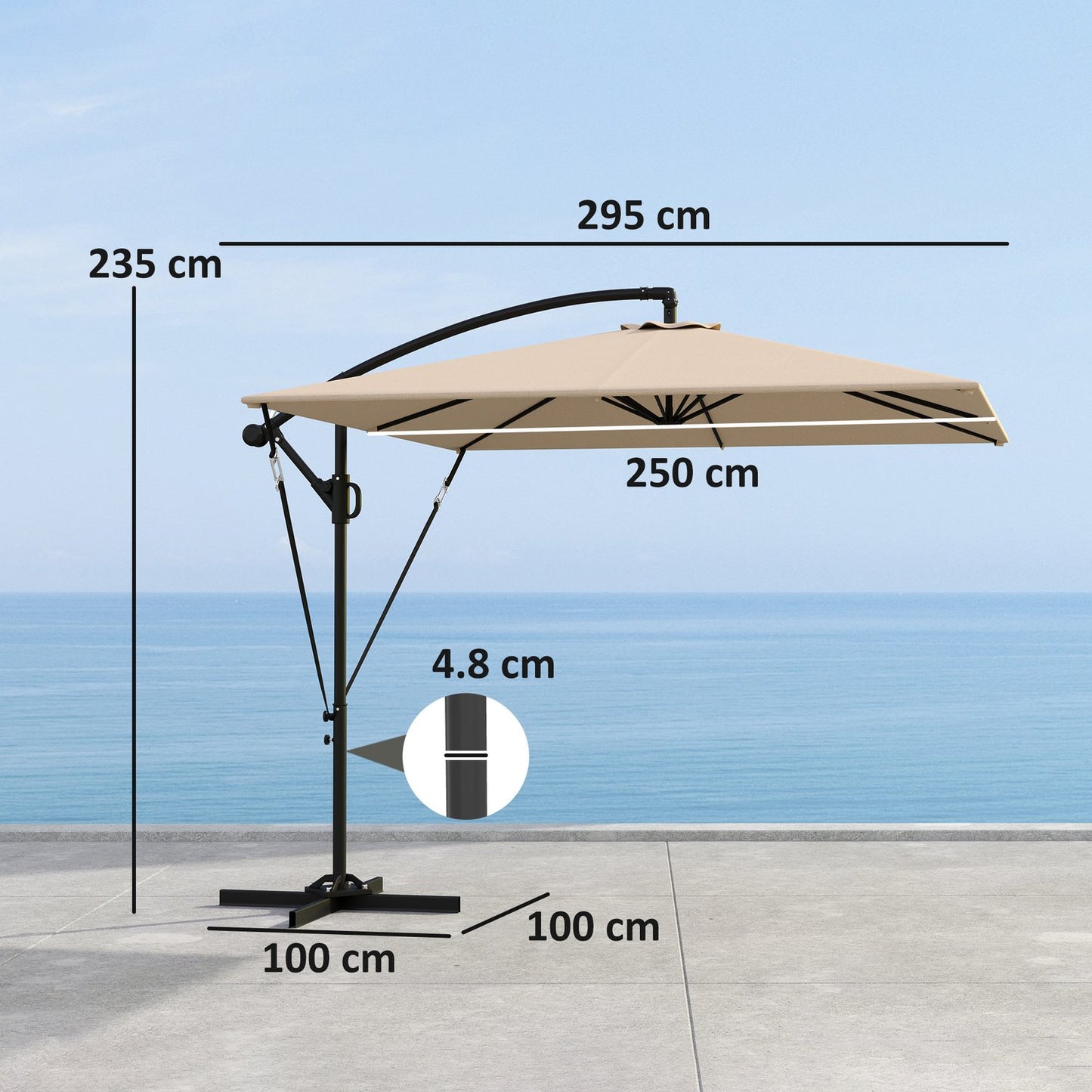 Cantilever Parasol Ø260 cm, UV 50+, Water-repellent, Khaki