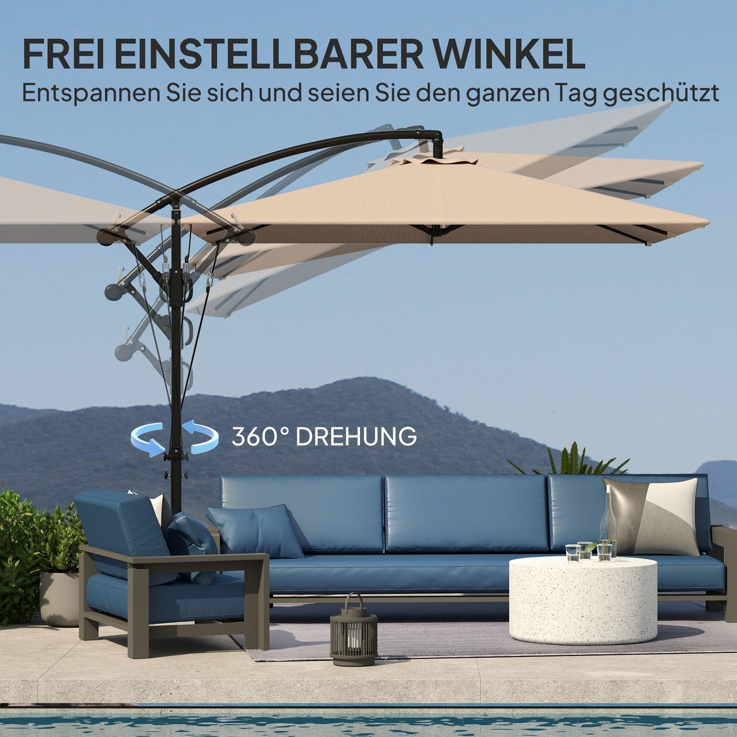 Cantilever Parasol Ø260 cm, UV 50+, Water-repellent, Khaki