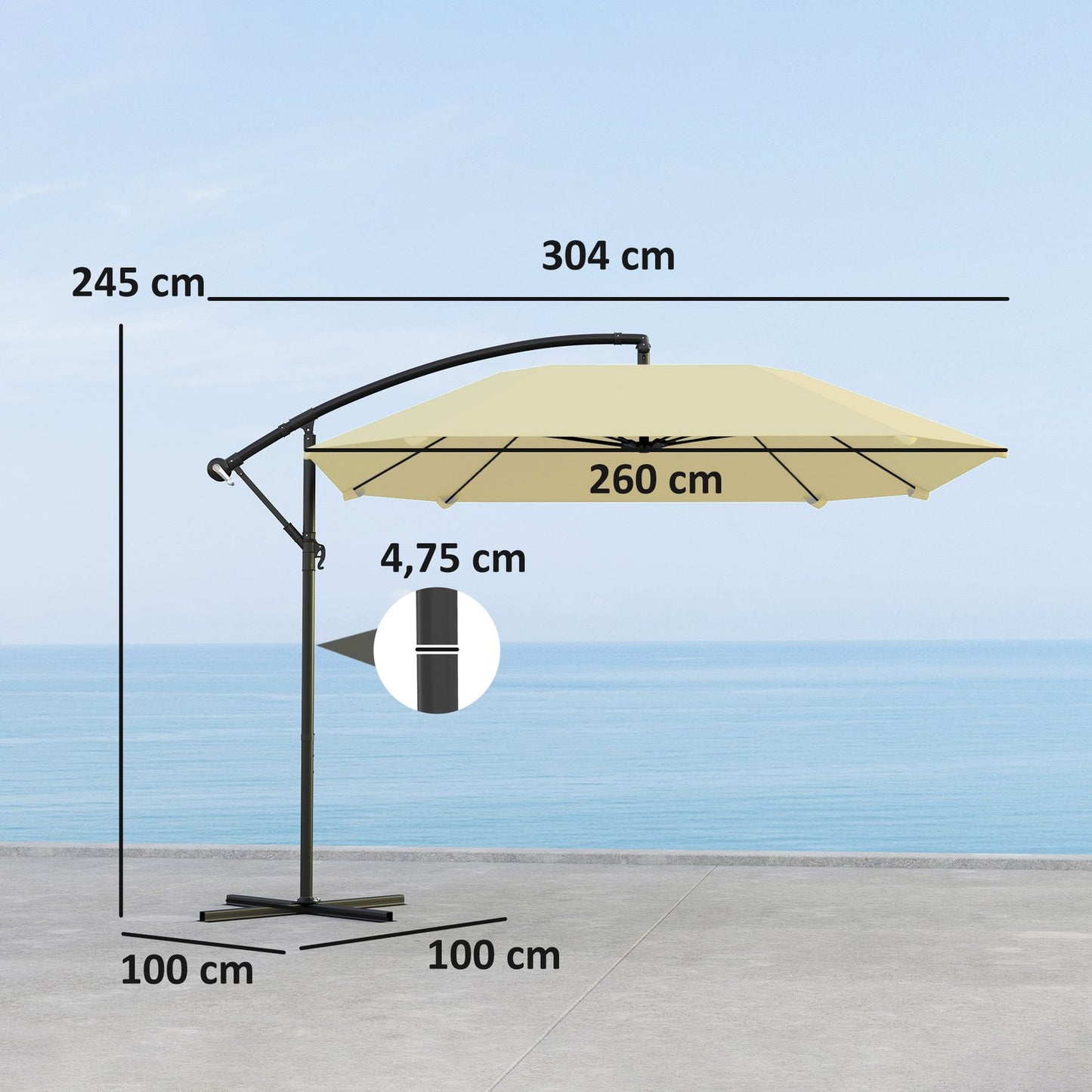 Beige 260 cm cantilever aluminum umbrella - Waterproof & tiltable