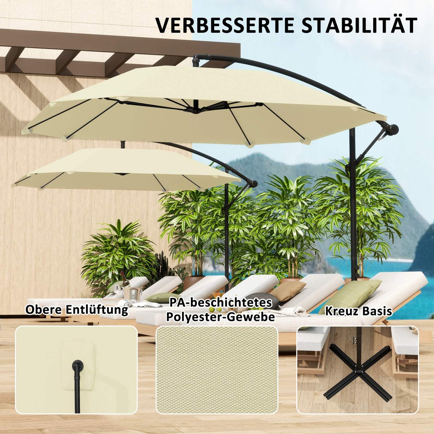 Beige 260 cm cantilever aluminum umbrella - Waterproof & tiltable
