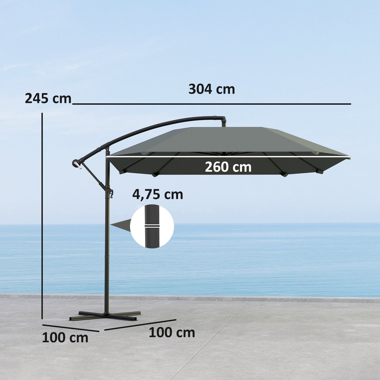 Dark gray cantilever umbrella, 260cm, crank & wind lock