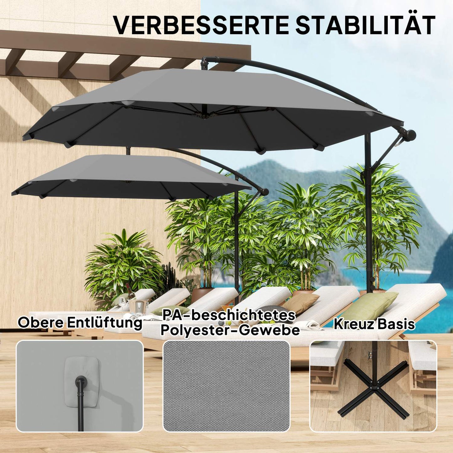 Dark gray cantilever umbrella, 260cm, crank & wind lock
