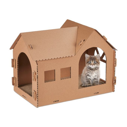 Cardboard cat house with scratching board