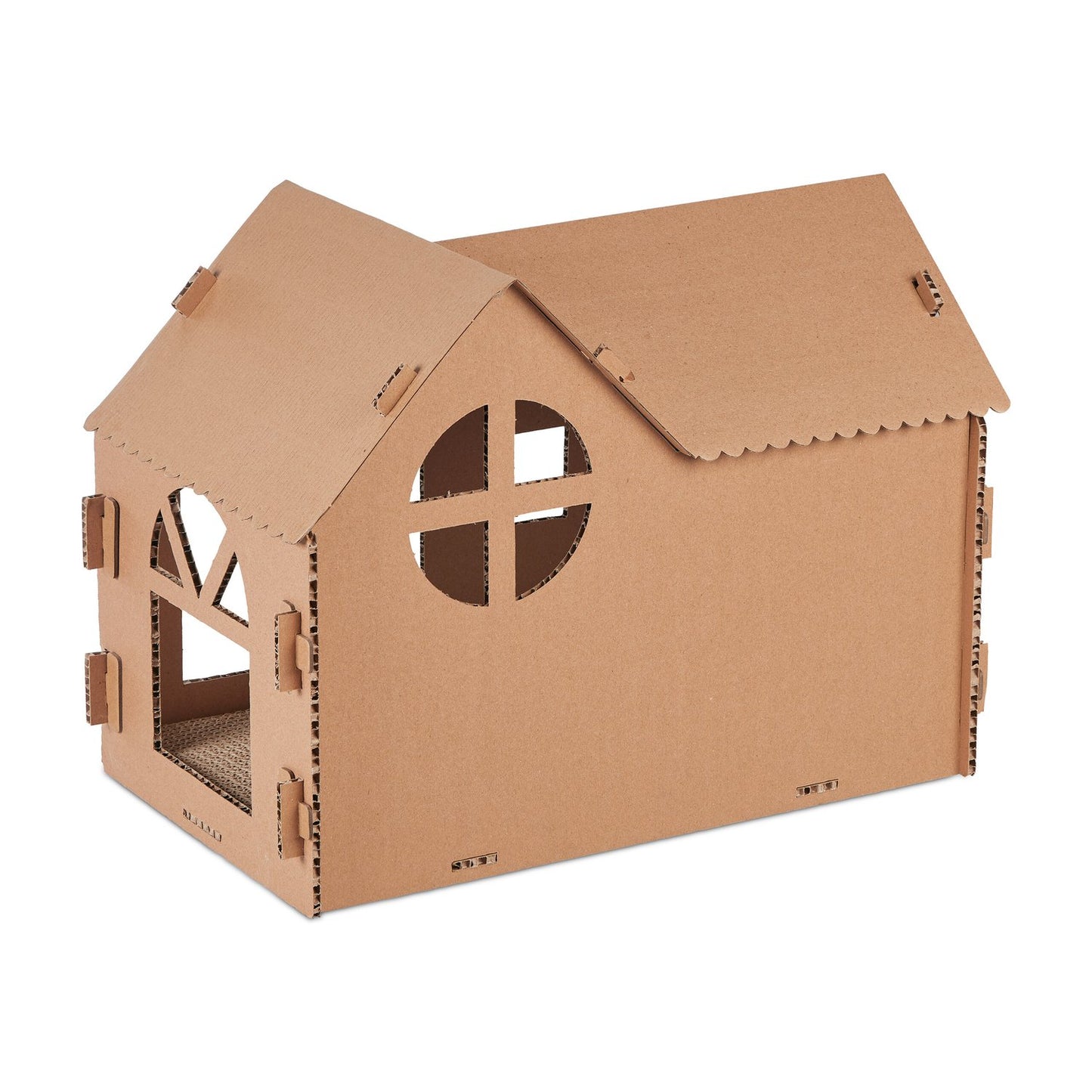 Cardboard cat house with scratching board