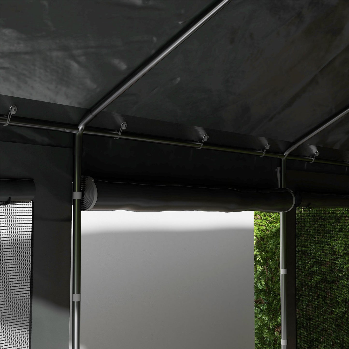 Adjustable steel carport canopy with mesh window, dark grey