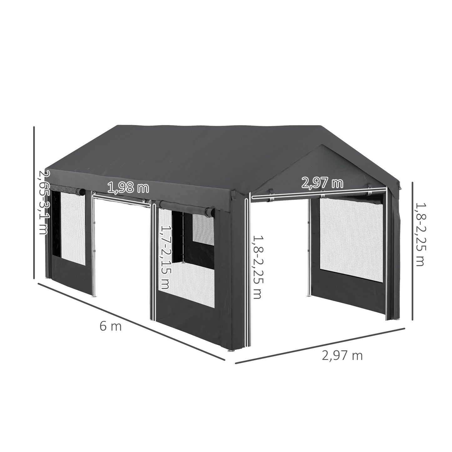Adjustable steel carport canopy with mesh window, dark grey