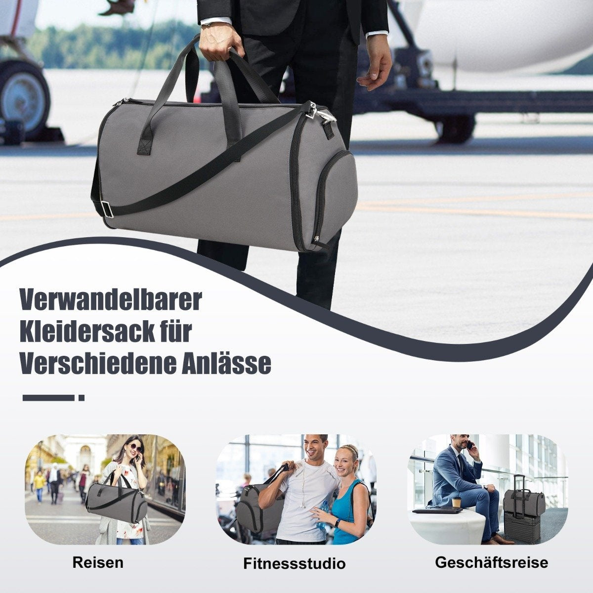 Carry-on Bag with Shoe Compartment & Adjustable Shoulder Strap 2-in-1 Hanging Suit Travel Bag Dark Gray