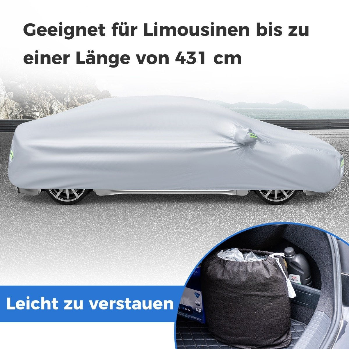 Car tarpaulin with zip and pocket, weatherproof car cover, 479 x 173 x 115 cm, silver