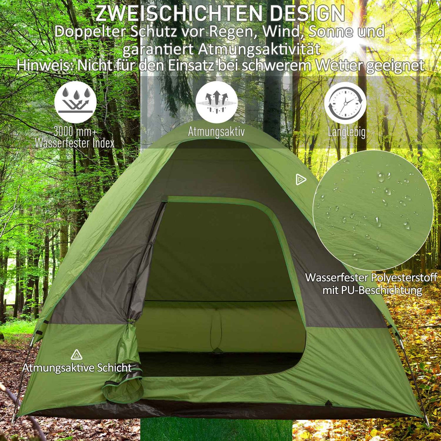 Camping tent for 4-5 people, fiberglass polyester, green