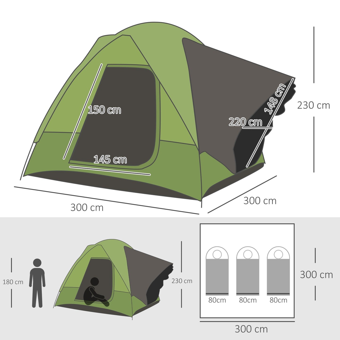 Camping tent for 4-5 people, fiberglass polyester, green