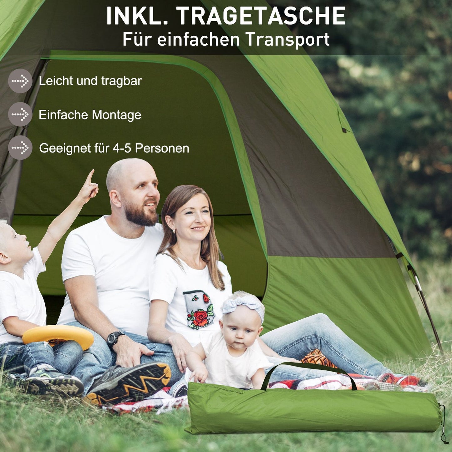 Camping tent for 4-5 people, fiberglass polyester, green