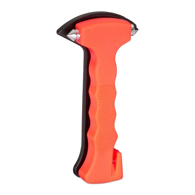 Car with emergency hammer and seat belt cutter