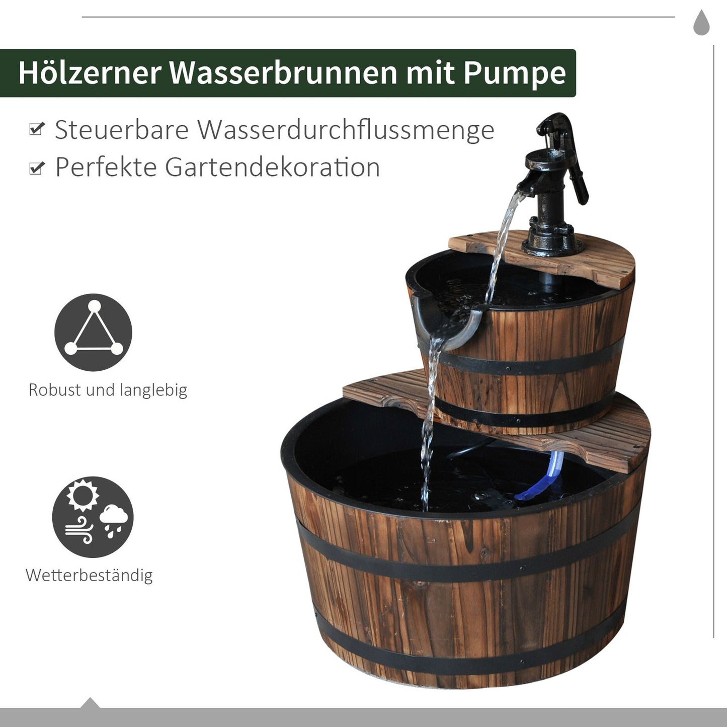 Garden fountain with waterfall, fir wood, 44.5 x 58.5 cm