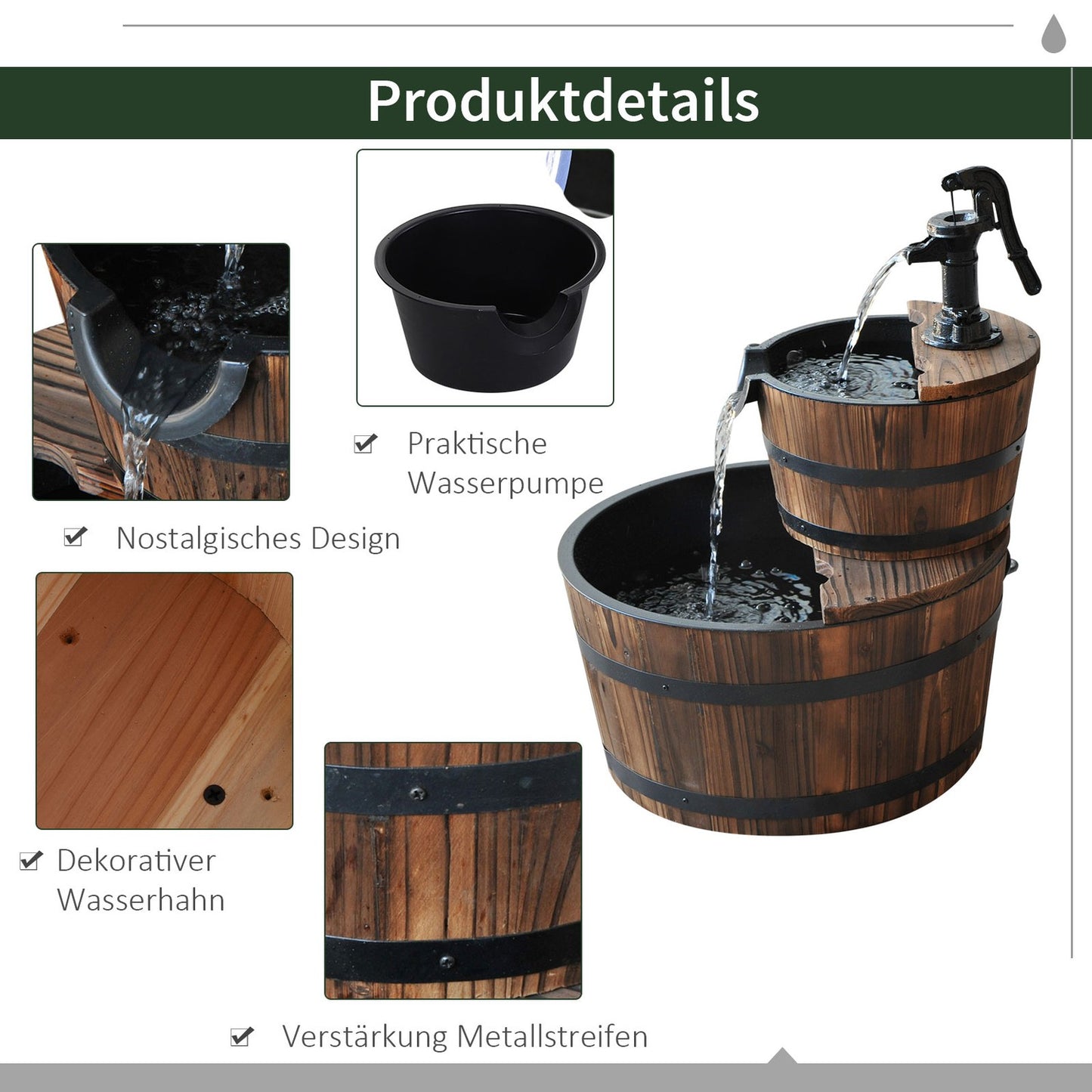 Garden fountain with waterfall, fir wood, 44.5 x 58.5 cm