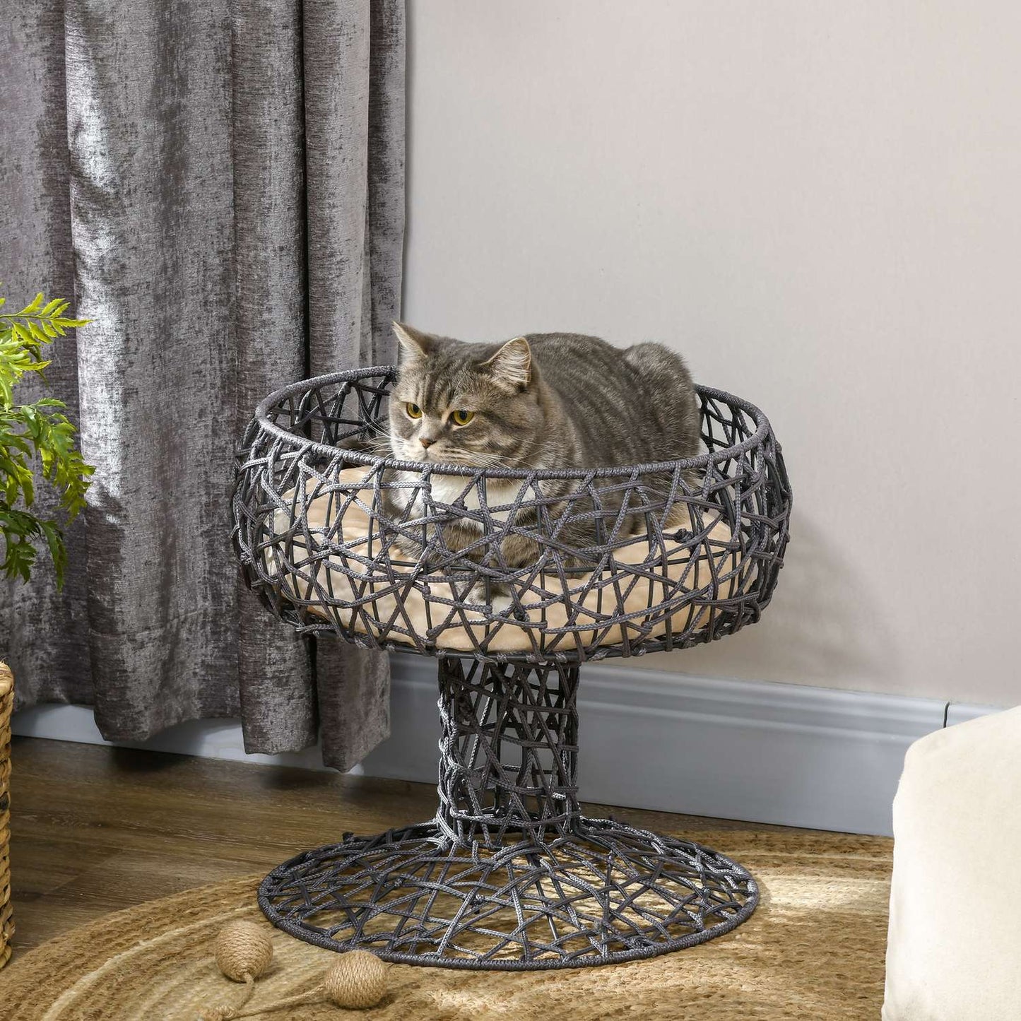 Elevated cat bed - wine glass shape, soft cushion, steel, purple