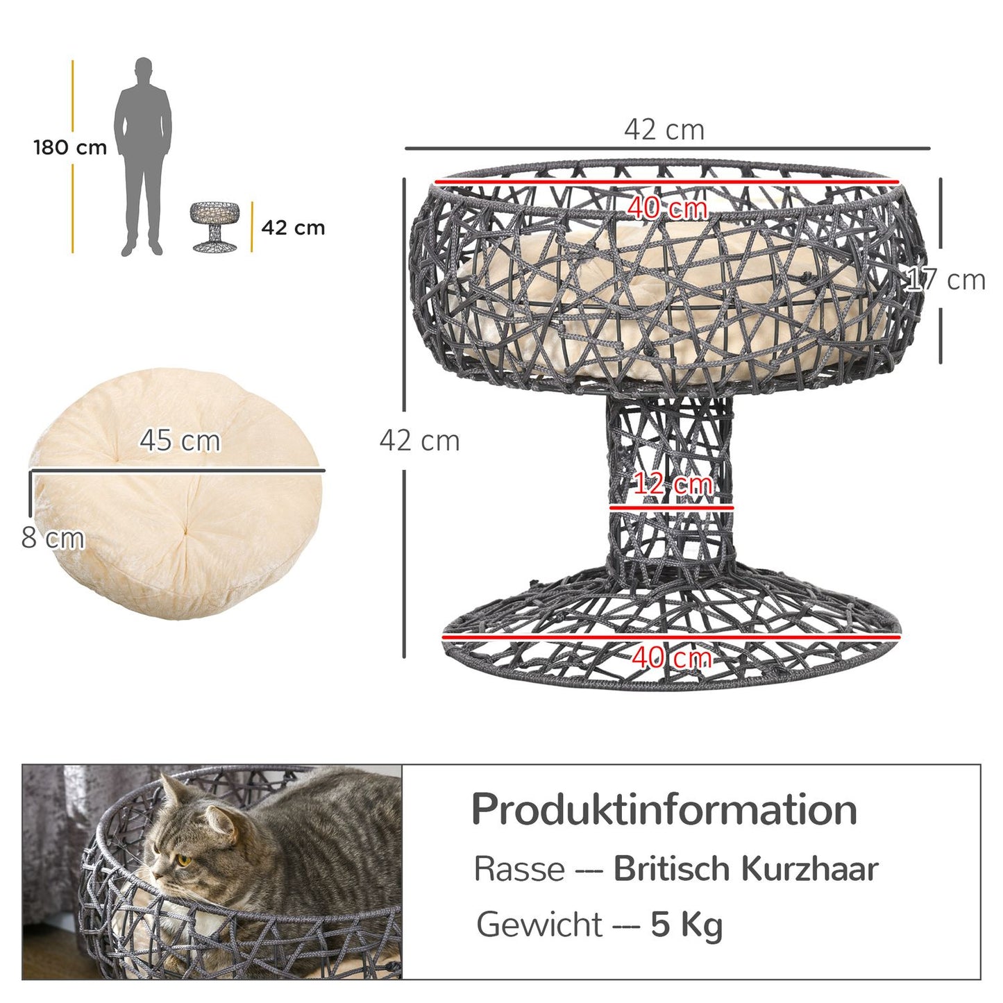 Elevated cat bed - wine glass shape, soft cushion, steel, purple