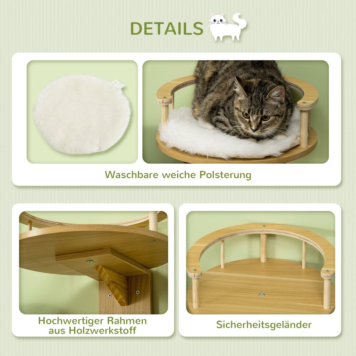 Wall-hung cat bed with cushion, oak & cream