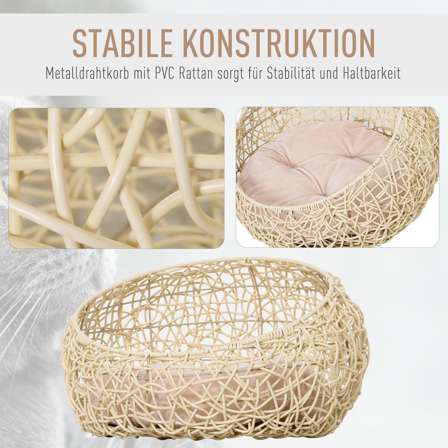 Rattan Cat Cave Bed - Cozy beige with pillow, 56x35Cm