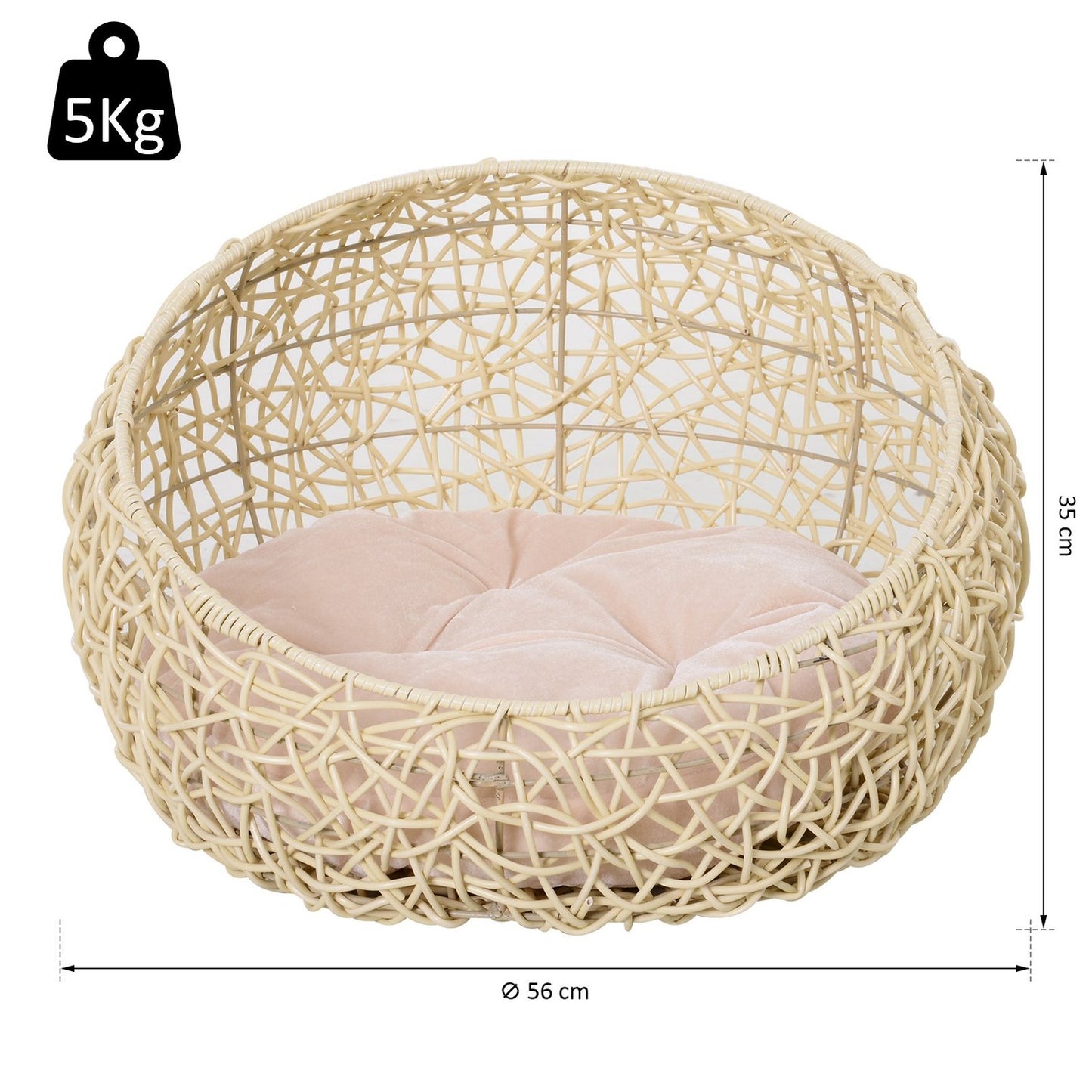 Rattan Cat Cave Bed - Cozy beige with pillow, 56x35Cm